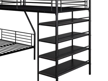 L-Shaped Twin Over Full Bunk Bed And Twin Loft Bed With 4 Built In Shelves - Black