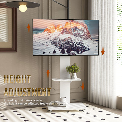 Mobile TV Stand With Shelf Floor Mount Cart For TVs With Lockable Wheels Ideal For Living Room Bedroom Or Office - White