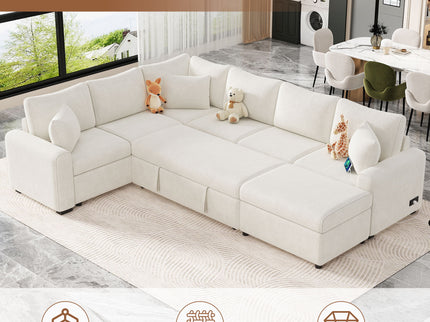 Sectional Sofa Pull-Out Sofa Bed Sleeper With A Storage Ottoman, Three Pillows And Charging Devices For Living Room