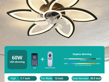 30" Flower 6 Speed Ceiling Fan With Remote Controlled LED Lights, Low Profile Flush Mount Fan