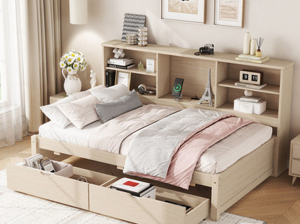 Bed Frame With Side Bookshelves, 2 Drawers, And Built In USB Port