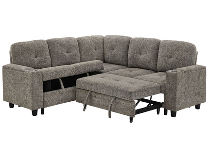 5 Seat Reversible L - Shaped Sleeper Sofa, Pull Out Convertible Sectional Couch With Storage, USB C - Charger, Cup Holders Modular Sofa Bed - Gray