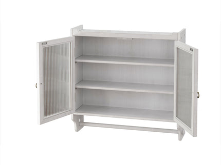 Vintage Double Door Wall Cabinet With Three Tiers Storage And Towel Rack - White Washed