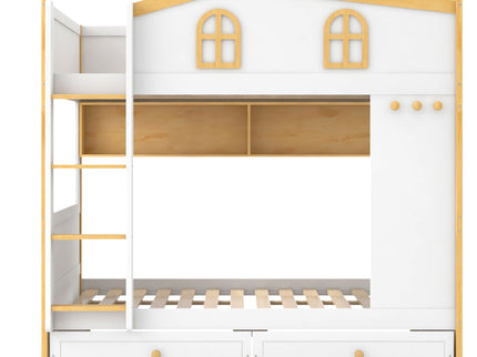 Bunk Bed With House Shaped Guardrails, Storage Shelves, And Trundle