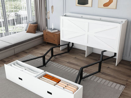 Full Murphy Bed With Storage Drawers, Charging Station, Foldable Panels, And Silent Swivel Wheels