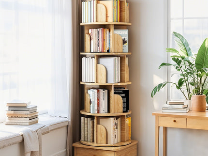 6 Tier Rotating Bookshelf With Wheels And Drawer, 360° Spinning Design, Space Saving Storage, For Home - Wood