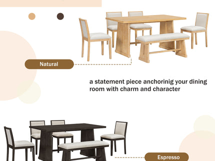 Dining Set With Rectangular Table, 4 Upholstered Chairs & 1 Padded Bench