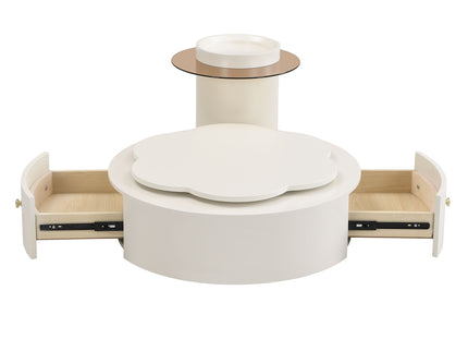 Modern Round Coffee Table (Set of 2), 360 Degree Rotatable Flower Shaped Top With 2 Drawers, Top Circle Side Table End Table With Glass For Living Room - Off White