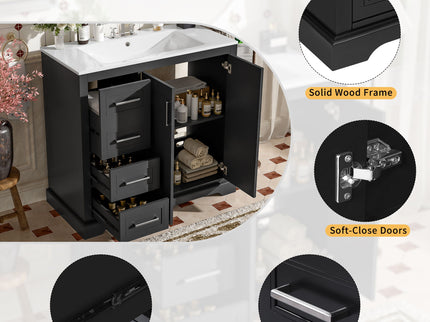 Bathroom Vanity With Sink, Soft Close Doors, Adjustable Shelf & 3 Drawers