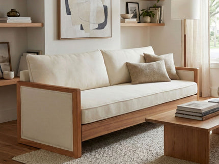 Modern 3 Seater Sofa With Wood Armrests