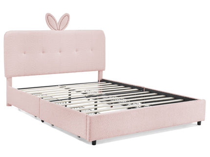Upholstered Bed With Oversized Rabbit Ear Headboard, LED Lights & 4 Storage Drawers