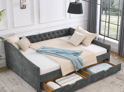 Queen Size Upholstered Daybed With Tufted Back And Nail Trimmed Waved Arms - Gray