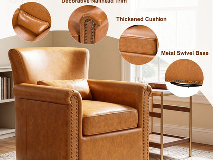 Swivel Accent Chair With Rolled Arm, Sewn Pillow Back, Nailhead Trim For Living Room