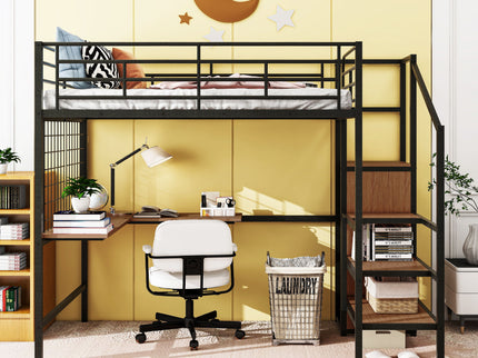 Loft Bed With Desk And Grid, Stylish Frame With Lateral Storage Ladder And Wardrobe