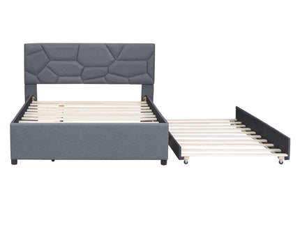Upholstered Platform Bed With Brick Pattern Headboard And Twin Long Size Trundle