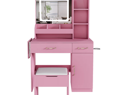 Vanity Desk With LED Mirror Lights And Power Outlet Charging Station, 3 Drawers, 7 Shelves, Storage Stool - Pink