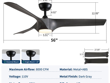Reversible Quiet Motor Ceiling Fan Light With ABS Blades - Black / Gray