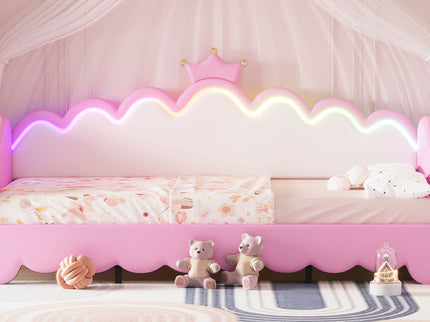 Extending Daybed With LED Lights, Modern Upholstered Princess Daybed With Crown Headboard
