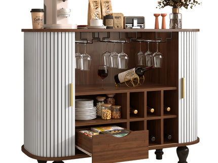 Fluted Liquor & Coffee Bar Cabinet With 6 Wine Racks And 3 Glass Holders