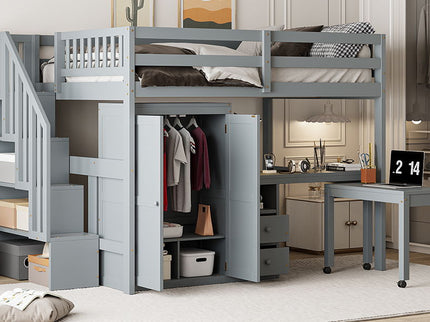 Loft Bed With Stairs, Bookshelf, Drawers, Desk & Wardrobe, Space Saving Multifunctional Furniture