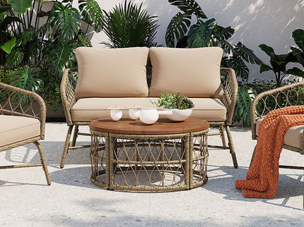 Bohemia-Inspired 4 Person Outdoor Seating Group With Removable Cushions, Conversation Patio Set With Wood Tabletop - Beige