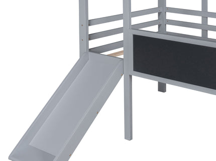 Loft House Bed With Ladder And Slide, With board And Light Strip On The Roof