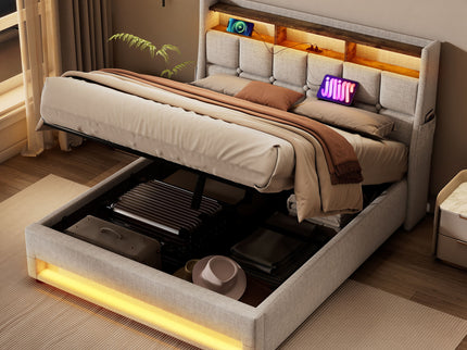 Platform Bed With Hydraulic Storage, LED Lighting & Charging Station