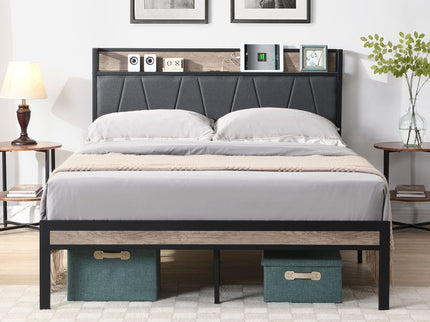 Modern Bed Frame With LED Lights, Upholstered Headboard, USB Charging
