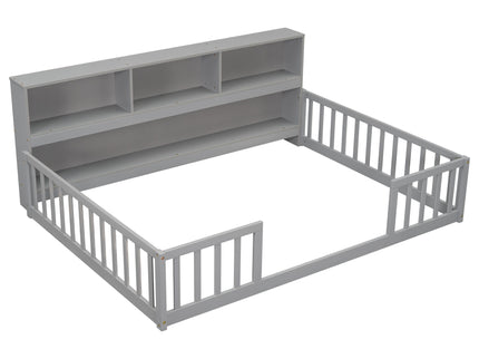 Floor Bed With Side Bookcase, Shelves, Guardrails