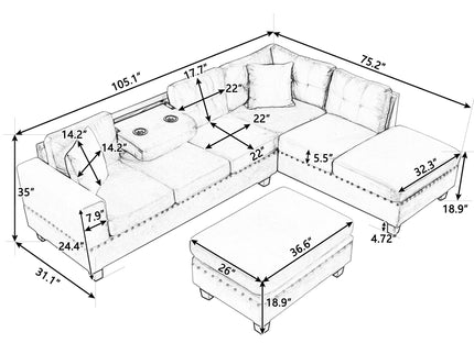 Modern Sectional Sofa With Storage Ottoman, L - Shape Couch With 2 Pillows And Cup Holders