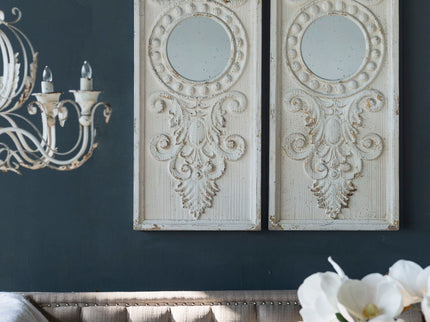 Large Wooden Wall Art Panels With Distressed Round Mirror Accents (Set of 2) - White