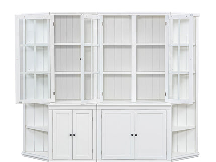 Retro Style Wall Suit With Glass Doors, 75.25" Tall Display Cabinets & Triangle Sided Bookshelves - White
