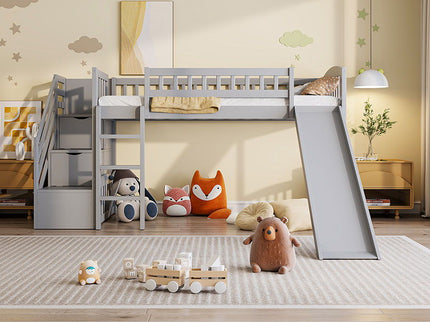 Loft Stairway Bed With 2 Drawers, Convertible Ladder And Slide