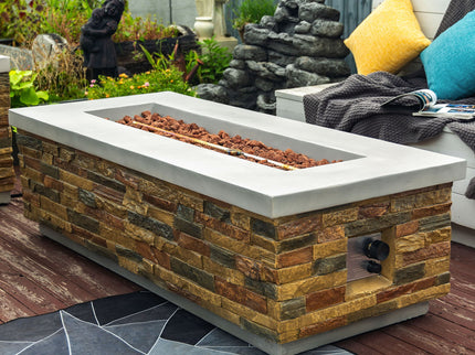 Propane Gas Fire Pit Table, 60000 Btu Rectangular For Outside Patio - Sandstone