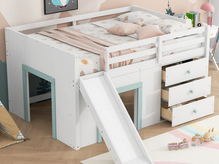 Modern Low Loft Bed With Slide, 3 Storage Drawers, And 2 Doors