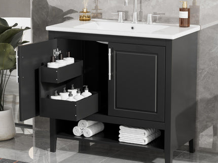 36" Bathroom Vanity With Sink, Frame Cabinet With Doors And Drawers - Black