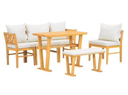 Farmhouse Solid Wood Dining Nook Set For 6, Space Saving High Top Corner Table With Bench & Chairs - Natural / White