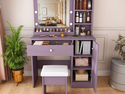 Vanity Desk Set With Padded Stool And Adjustable LED Mirror, 3 Color Light Modes - Purple