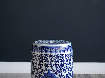 Ceramic Garden Stool, Small Side Tabel - White / Blue