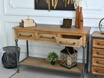 Accent Storage Console Table With Open Shelf And 3 Drawers For Living Room - Natural Wood / Brown