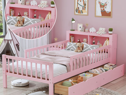 Bed With Headboard Storage Rack, 2 Under Bed Drawers, 3 Side Guardrails For Safety