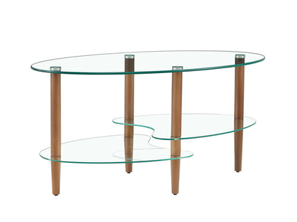 Transparent Oval Glass Coffee Table, Modern Table In Living Room Oak Wood Leg Tea Table 3-Layer Glass Table