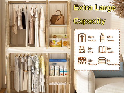 Portable Wardrobe Closet Storage Organizer For Clothes, 6 Magnetic Doors With 6 Cubes & 2 Hanging Rods, 6 Hangers - Cream White