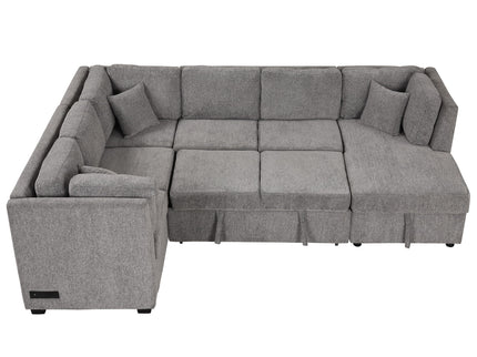 U-Shaped Sectional Sofa Pull Out Sofa Bed With Two USB Ports, Two Power Sockets, Three Back Pillows And A Storage Chaise For Living Room
