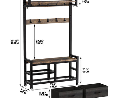 Hall Tree With 2 Movable Drawers, Shoe Storage, Shelves, Garment Racks, And 23 Hooks For Entryway - Rustic Brown