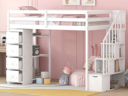 Loft Bed With Storage Drawers And Stairs With Shelves