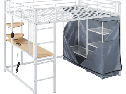 Loft Bed With Desk, Shelves, Power Outlet, LED Light And Wardrobe