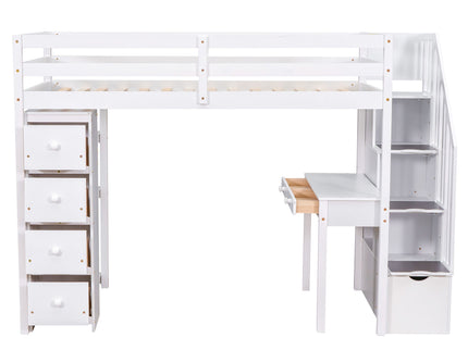 Loft Bed With Storage Drawers, Desk And Stairs With Shelves