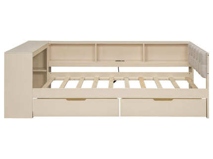 Upholstered Headboard Platform Bed With Storage Shelves, Drawers, Charging Station