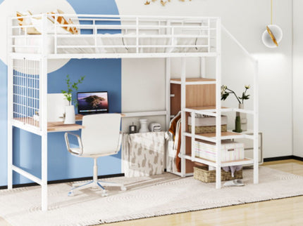 Loft Bed With Desk And Grid, Stylish Frame With Lateral Storage Ladder And Wardrobe